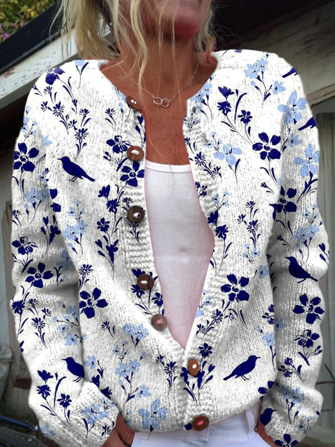 VYNORA | VINTAGE FLORAL BIRD PRINT BUTTON FRONT CARDIGAN